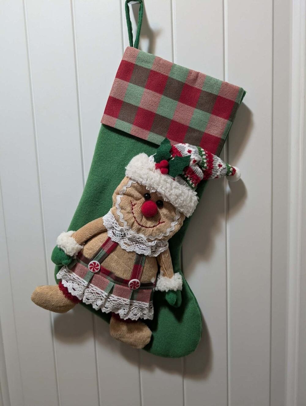 NEW Gerson 17.3" Fabric Holiday Gingerbread Man Christmas Stocking Green 3D